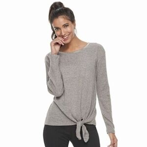 Jennifer Lopez Silver-Trimmed Gray Tie Knot Top